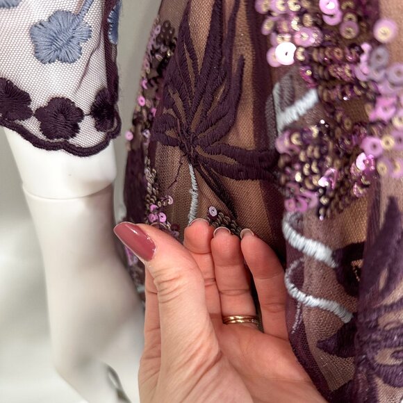 Bronx and Banco Purple Fiora Sequin Embroidered Mesh ¾ Sleeve Mini Dress Size 4 - Picture 17 of 17